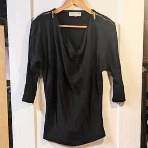 Michael Kors Black Draped Top with Gold Zippered Shoulders